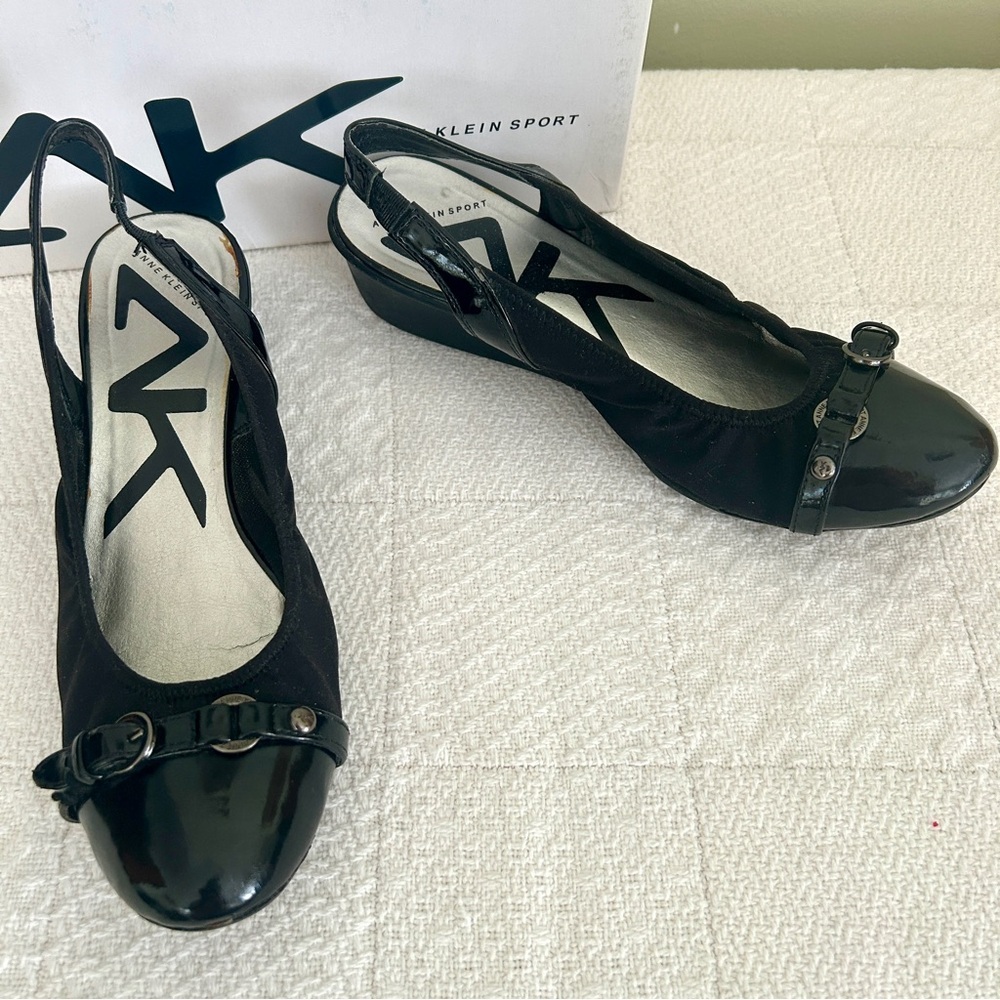 Anne Klein Slingback Wedge Shoes Black Glossy Toe Cap Comfort Davy size 8